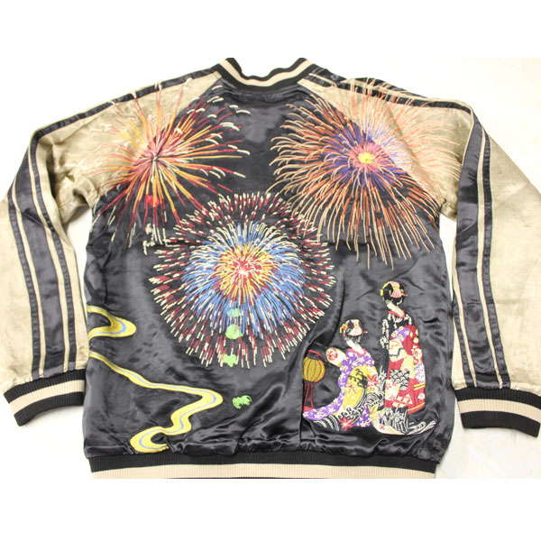 B118. 花旅楽団：XL相当 リバーシブル スカジャン 刺繍 JAPAN 鶴 